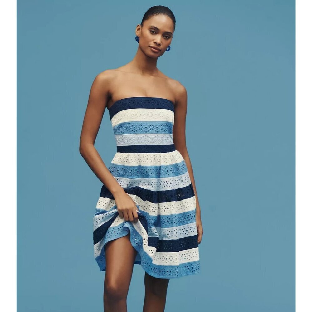 Maeve Strapless Cotton Eyelet Detail Blue Stripe Fit and Flare Dress M